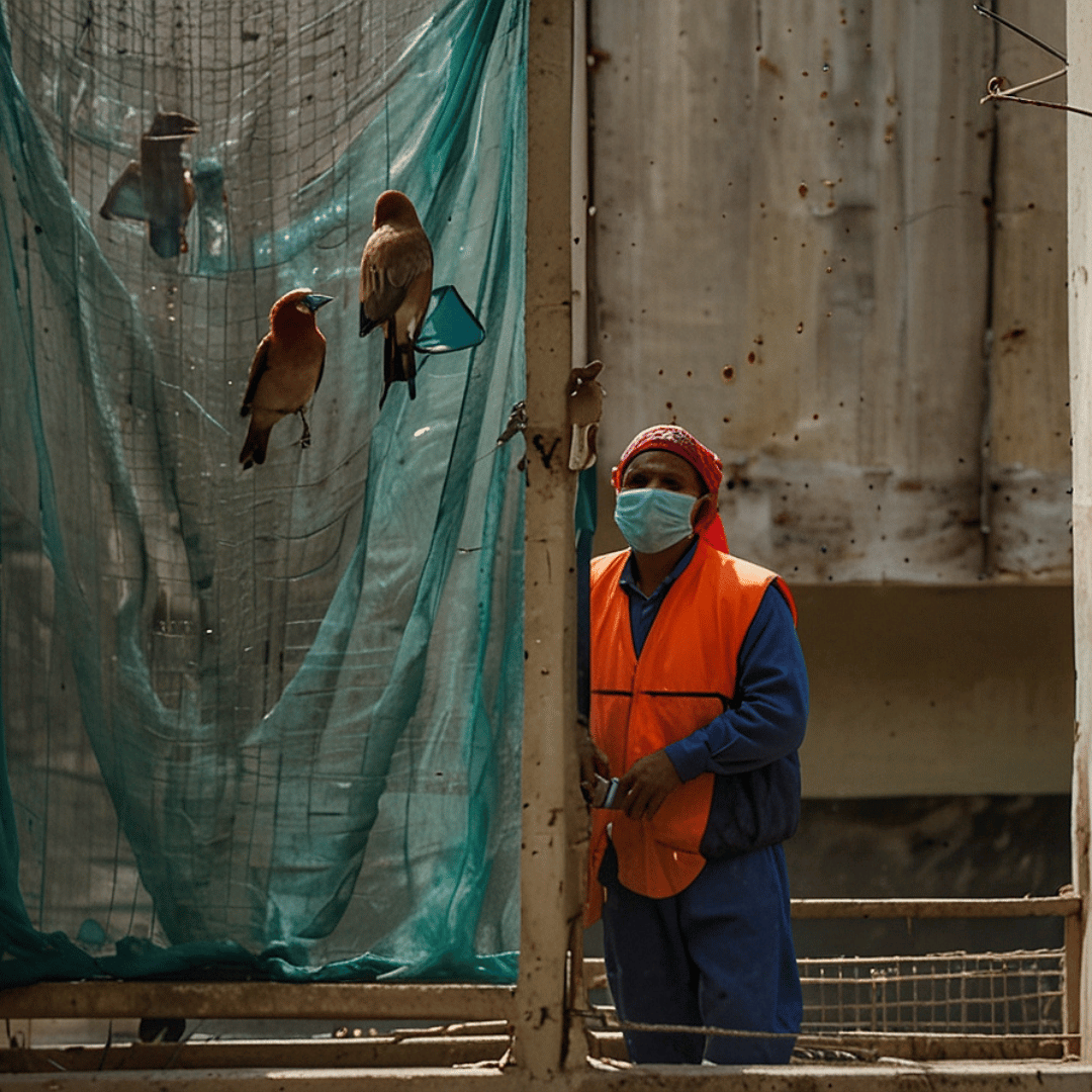 picture showing person did bird control job by putting birds in two nets